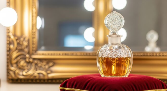 An Exquisite Vintage Glass Perfume Bottle With Intricate Details and Amber Liquid
