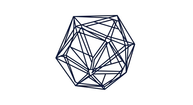 Intricate, dark blue geometric polyhedron with sharp angles against white