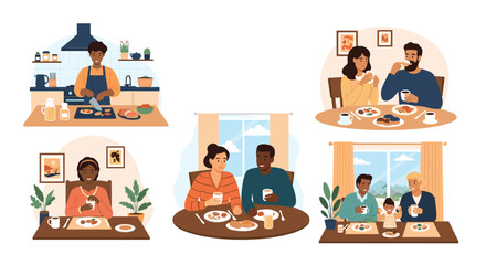Fototapeta premium Collection of diverse people and families enjoying breakfast and dinner together in various dining room settings.