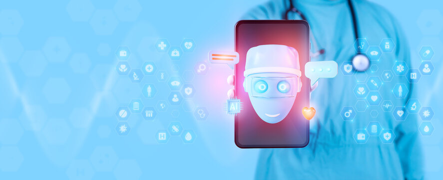 Concept of a medical chatbot in internal medicine. Doctor presents artificial intelligence for teleconsultations, digital diagnoses, and patient support systems. Light blue background