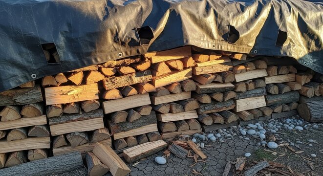A hearty pile of split firewood covered by a dark tarp for protection and storage
