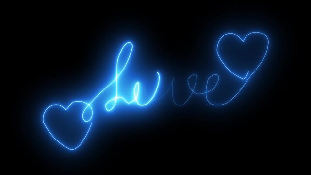 Blue neon love text with heart on black background glowing