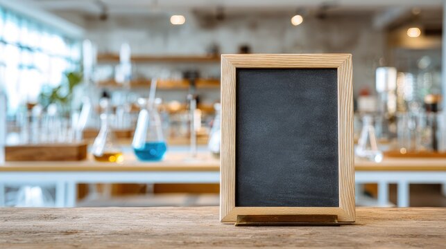 Blackboard stands on wooden table with blurred science lab in background