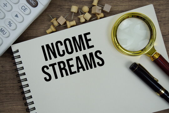 Income Streams text written on notepad with calculator and magnifying glass flat lay on wooden background