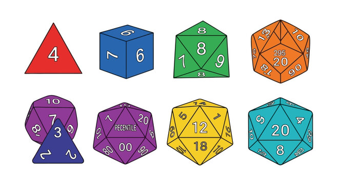 Vibrant assortment of multi-sided polyhedral gaming dice for tabletop roleplaying adventure featuring various translucent plastic shapes and detailed numerical engravings for hobbyist play.