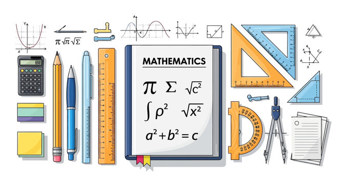 Comprehensive collection of mathematical education equipment featuring wooden pencils, ink pens, plastic rulers, and academic textbooks with complex geometry formulas and algebraic symbols.