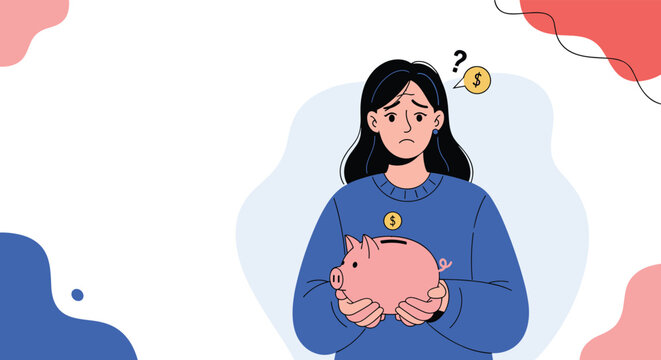 Worried woman in a blue sweater holding an empty-looking pink piggy bank with a question mark about her financial future and lack of savings.
