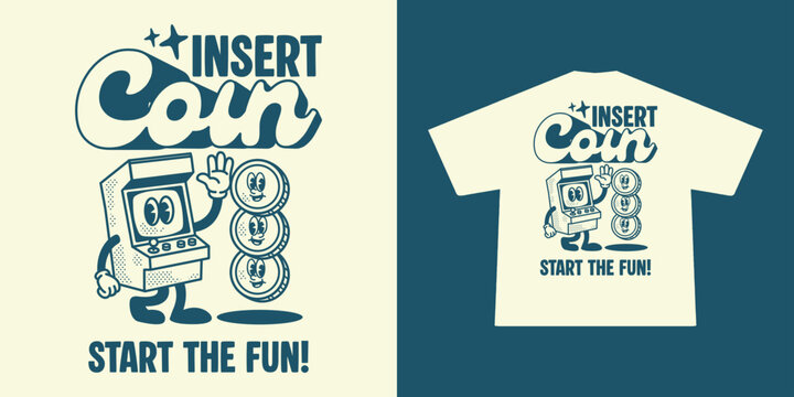 A vintage-inspired vector illustration featuring a friendly arcade machine character and floating coins in a classic 1930s rubber hose animation style. Perfect for t-shirt designs, gaming posters.