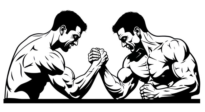 Two Muscular Men Arm Wrestling Silhouette Illustration - Strength Competition
