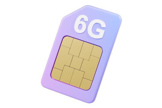 3d 6G SIM card icon. next generation mobile network concept. minimal cartoon purple SIM card with gold chip. isolated on white transparent background. 3d render.