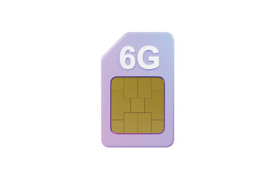 3d 6G SIM card icon. next generation mobile network concept. minimal cartoon purple SIM card with gold chip. isolated on white transparent background. 3d render.