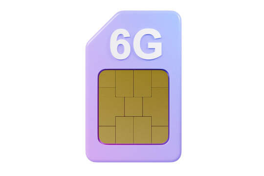 3d 6G SIM card icon. next generation mobile network concept. minimal cartoon purple SIM card with gold chip. isolated on white transparent background. 3d render.