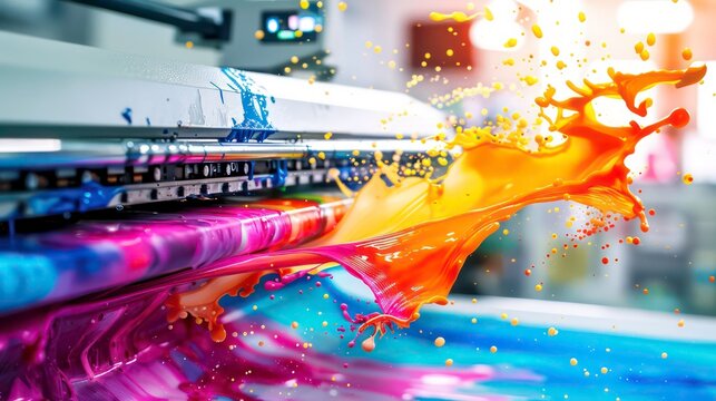 A burst of yellow paint erupts from a printing press, creating a vibrant abstract design against a backdrop of colorful hues.