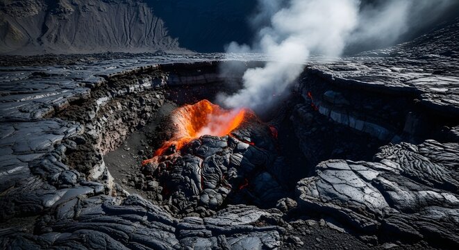 Active volcano eruption steaming hot lava gorge crater