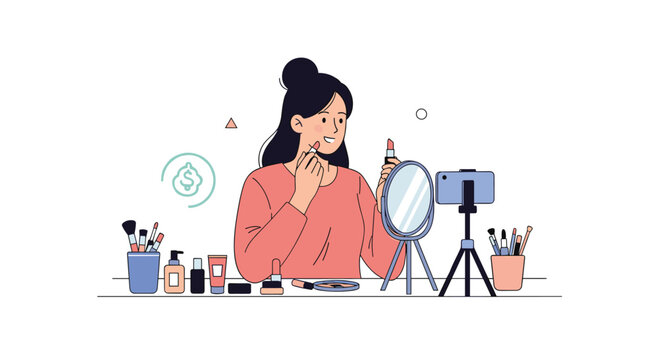 Young woman recording a makeup tutorial for her vlog while applying pink lipstick in front of a mirror and camera.