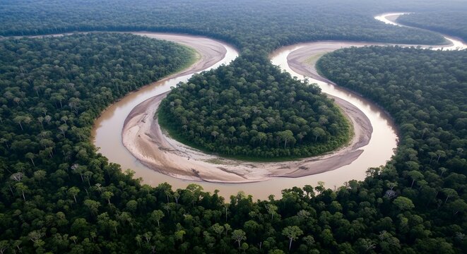 Aerial view of meandering river through dense rainforest jungle