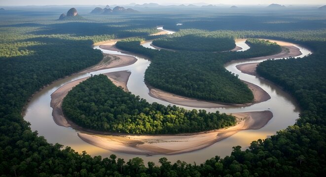Aerial view of meandering river winding through tropical rainforest
