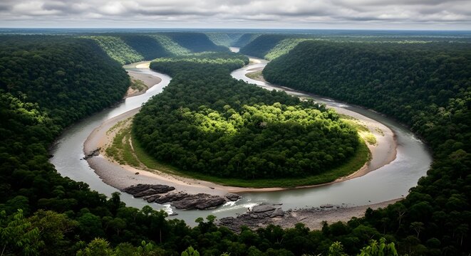 Aerial view of winding river through lush tropical rainforest