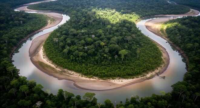 Aerial View of Serene River Meander Through Lush Tropical Forest