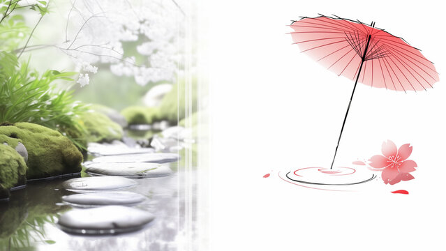 苔むした石と水辺の赤い和傘のイラスト