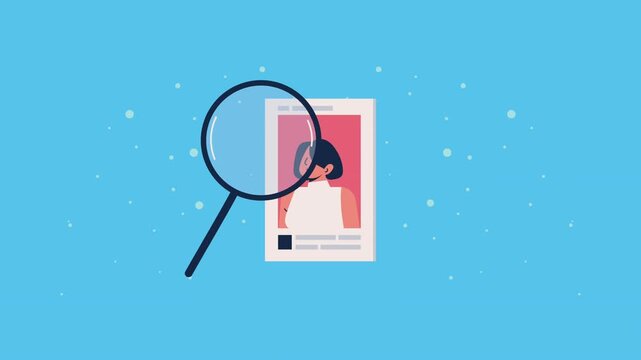 People search dynamic footage shows magnifying glass scanning diverse profiles on social media platform, illustrating concept of human resources recruitment and online dating application.