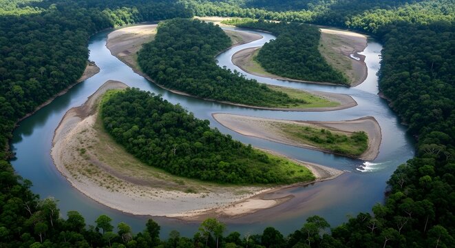 Aerial View of Winding River Through Dense Tropical Forest
