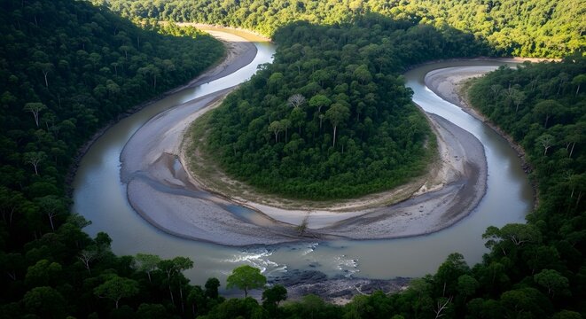 Aerial view of winding river through dense tropical jungle canopy