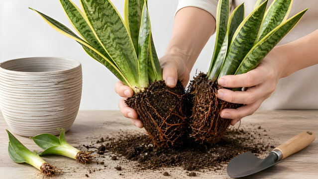 Hands Dividing Snake Plant Root Ball For Propagation