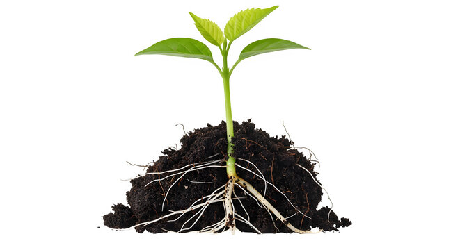 Young plant with roots and soil isolated on transparent background