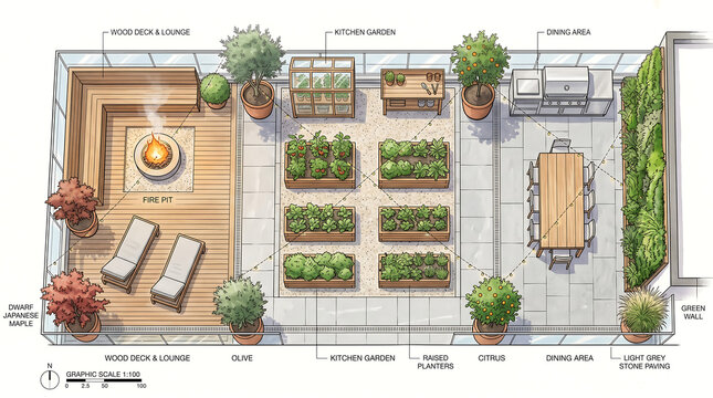 Top-Down Watercolor Landscape Plan of a Rooftop Terrace Garden with Modular Planters and Lounge Areas
