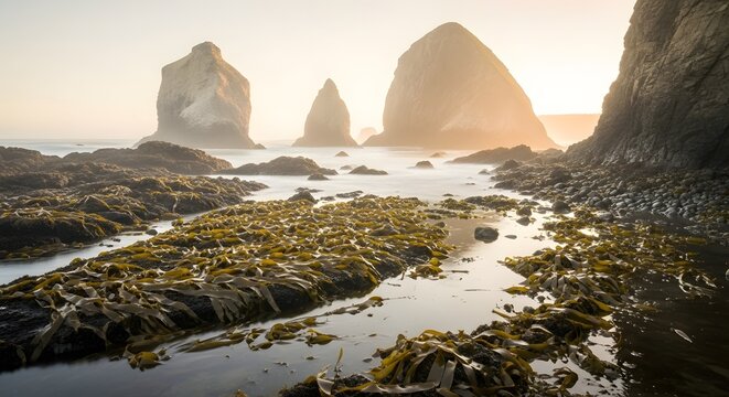 Coastal landscape at sunrise with rock formations and tide pools