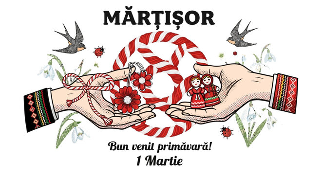 Traditional Martisor Greeting Banner Design Featuring Romanian Typography with One Hand Giving Red and White Amulet to Another Person Celebrating Moldavian and Bulgarian Spring Arrival