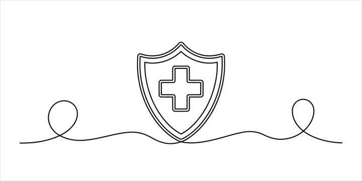 Continuous single line drawing of a medical shield symbol with a cross icon for health care safety and protection concept in a minimalist style Vector, illustration