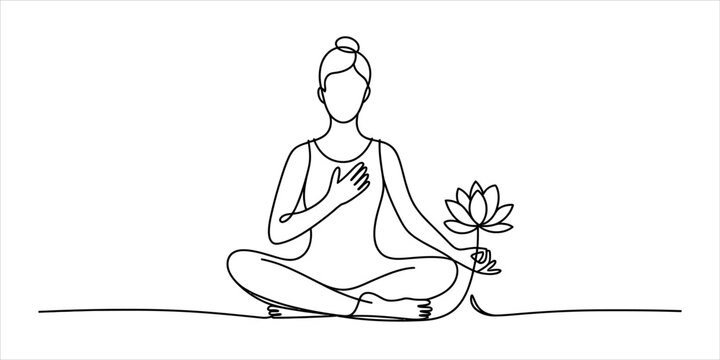 Woman sitting in yoga lotus pose holding a lotus flower drawn with a single continuous black line art style for wellness and meditation concepts Vector, illustration