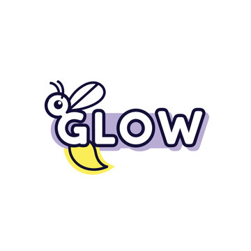 Creative Glow typography logo design featuring a cute firefly character.