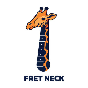 Creative illustration of a giraffe with a guitar fretboard neck and text fret neck.
