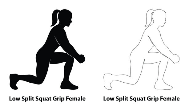 Female athlete performing low split squat grip exercise silhouette and outline illustration for women's fitness training, leg workout, and glutes