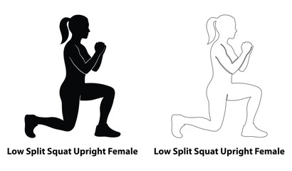 Female athlete performing low split squat upright exercise silhouette and outline illustration for women's fitness training, leg workout, and glutes © Pixelly