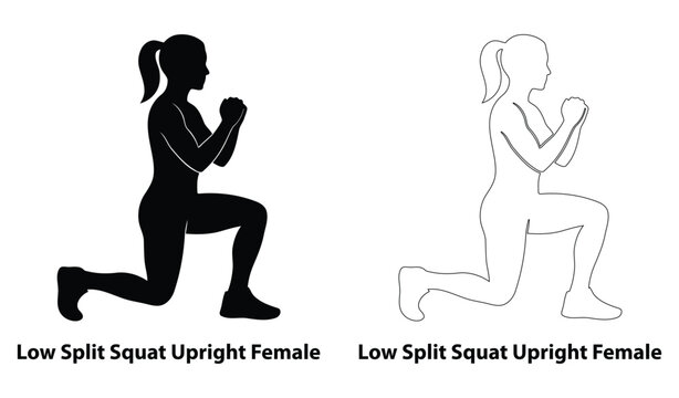 Female athlete performing low split squat upright exercise silhouette and outline illustration for women's fitness training, leg workout, and glutes
