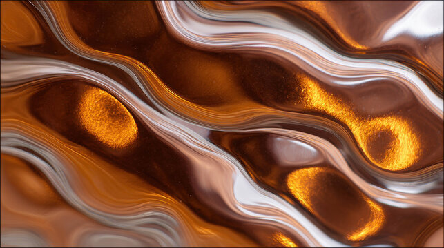 Abstract copper fluid patterns of gold and bronze, creating a beautiful and artistic effect. The image is a close-up of flowing liquid metal, showing the natural beauty of liquid metal.