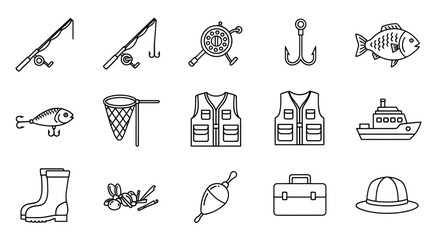 Fishing Equipment Icons: Rods, Reels, Lures, Net, Vest, Boat, Boots, Hat © anis