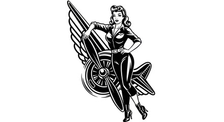 Retro Aviator Pin-Up Girl Posing with Airplane Propeller and Wings © anis