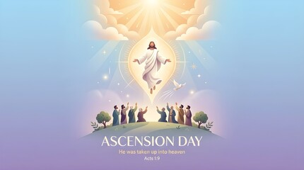 The Ascension of Jesus Day Illustration, Savior Rising into Heaven with Disciples and Holy Spirit Dove, Spiritual Christian Banner with Acts 1:9 Bible Verse