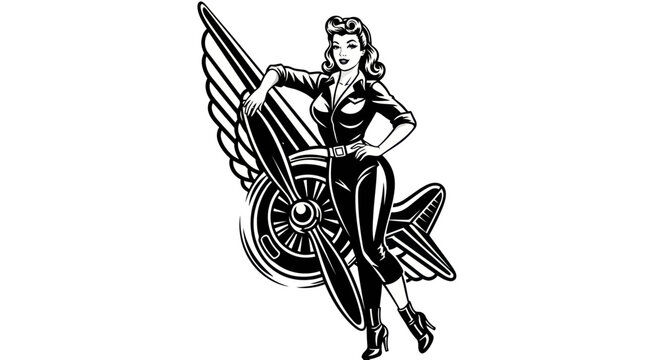 Retro Aviator Pin-Up Girl Posing with Airplane Propeller and Wings
