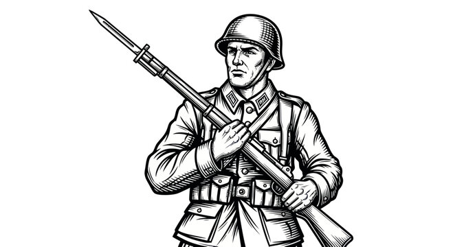 WWII Soldier Illustration - Vintage Military Man with Rifle and Bayonet, Black and White Line Art