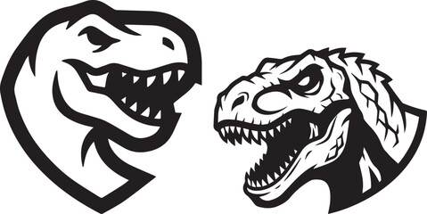 Naklejka premium Two tyrannosaurus rex heads black and white vector illustration