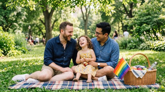 Diverse Family with Two Fathers and Child in a Sunlit Park