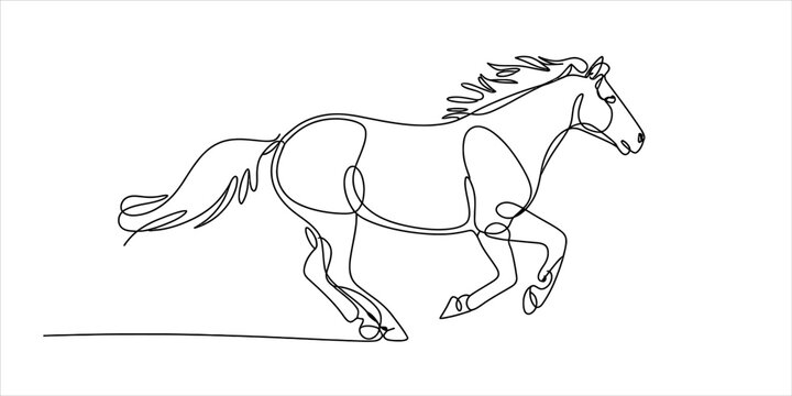 Continuous single line drawing of a fast galloping horse in motion showing speed and energy in a simple minimalist black outline style illustration Vector, illustration