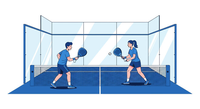 Squash Players Hitting Ball Inside Blue Court During Active Sports Competitive Match