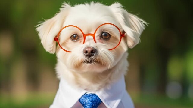 Cute dog wearing glasses and shirt looking serious.